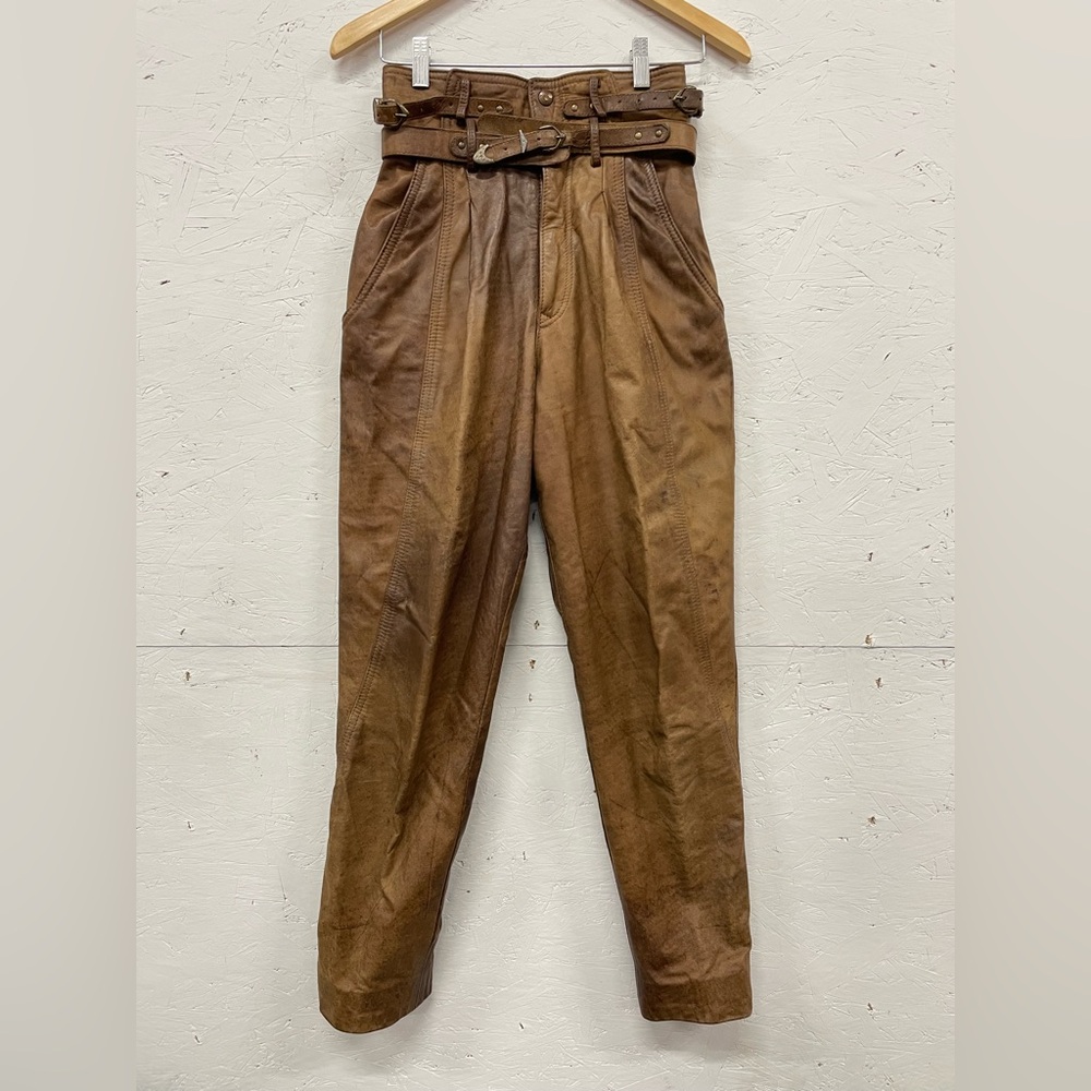 Rare Vintage 80s The Leather Ranch Western Pleated Brown Leather Pants, 00